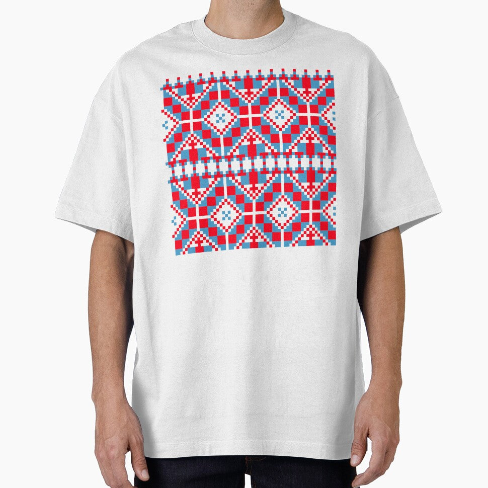 Red and Blue Pixel Folk Pattern - Retro Geometric Embroidery Aesthetic by KostekArtShop