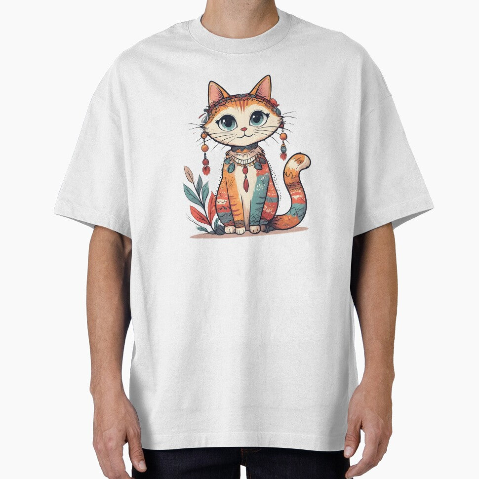 Boho Cat Illustration – Cute Tribal Style Kitty with Floral Accessories by Karolina’s Cozy Creations