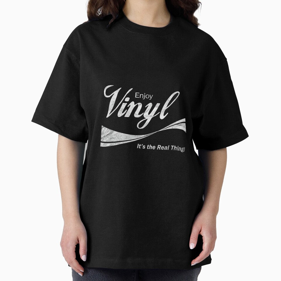 Enjoy Vinyl T-Shirt - It's the Real Thing! - Black - Unisex-Adults - Small - Classic Fit - Retro - Short Sleeve - Collarless - Round Neck - Solid Black - 100% Cotton by AlanYYoder