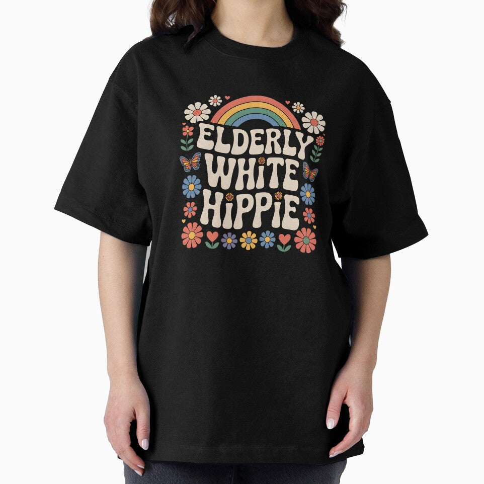 Elderly White Hippie Retro Rainbow Flowers Groovy Design by MissRasheedHam