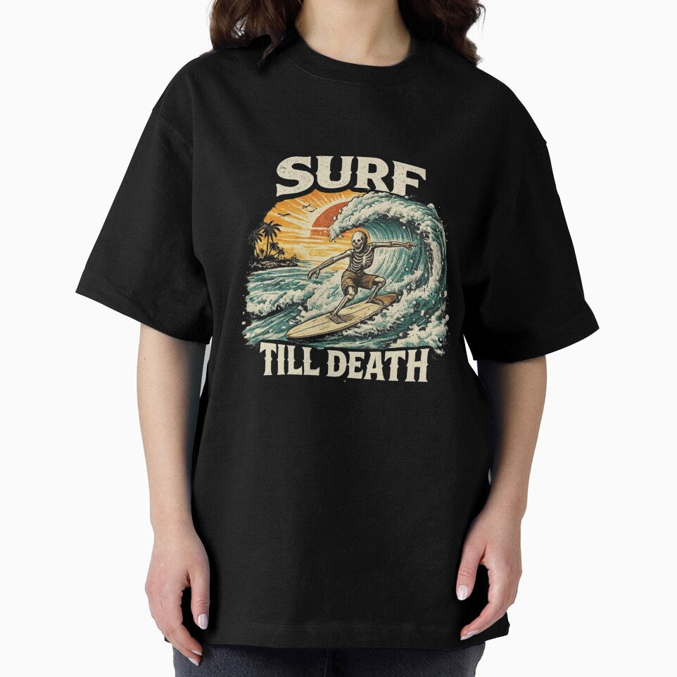 Surf Till Death – Skeleton Surfing Vintage Sunset Wave Surfer Graphic by HubCreates
