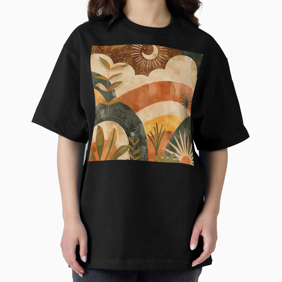 Boho Earthtones, Green, Orange, And Yellow Sunset Landscape by DEC02