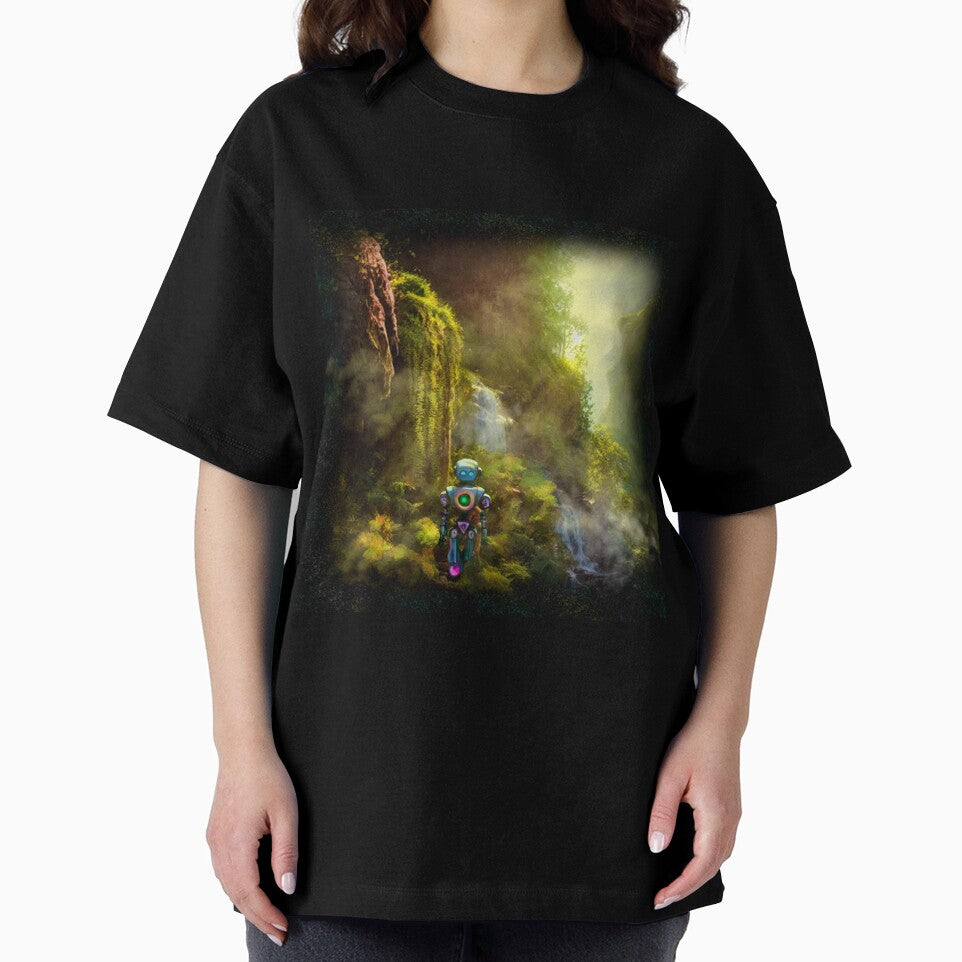 Cute Robot walking at a Cliff with Waterfall by Pixelbloomz