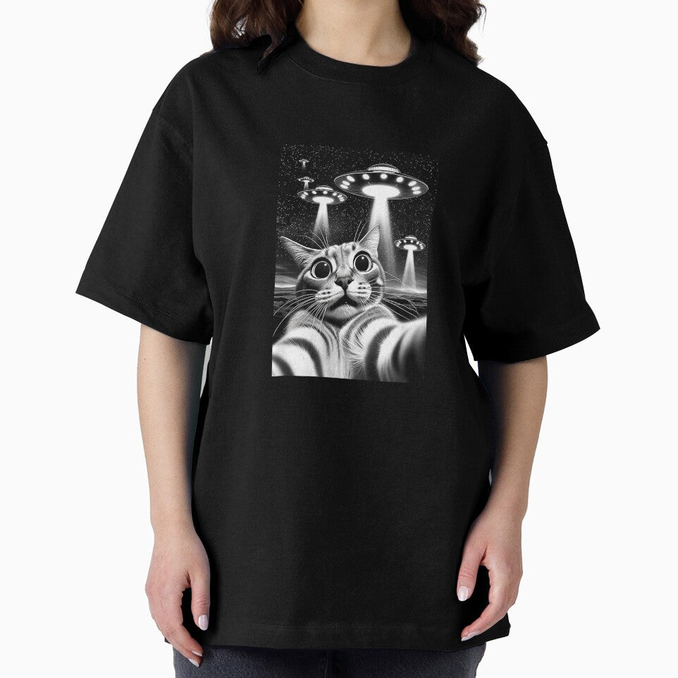 Cat UFO  Funny Invasion Meme Retro Alien Cat UFO Selfie T-Shirt by SubStudio97
