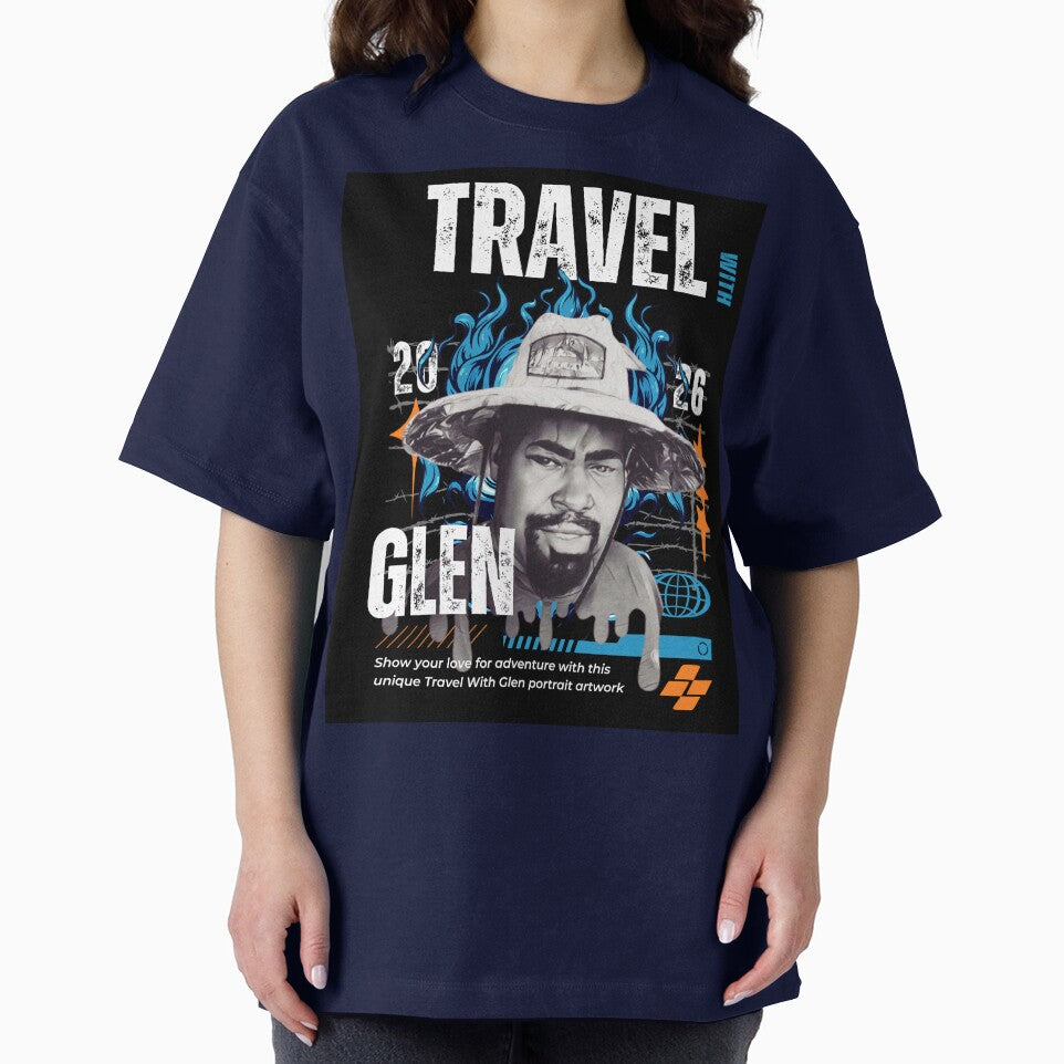 Travel With Glen V3 Blue bk-bg – Signature Travel Portrait Art | Adventure, Explorer & World Traveler Design by buycostarica