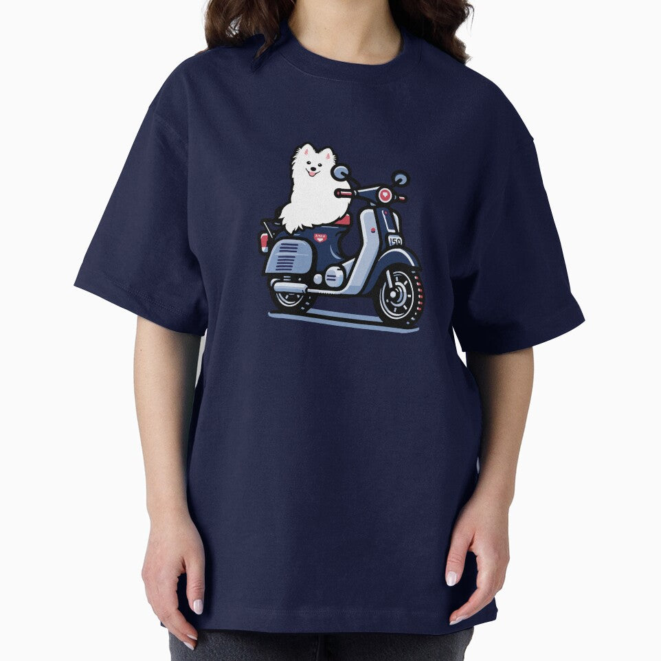 Cute Japanese Spitz Dog on a Super Cub Motorcycle Scooter by kamahachi