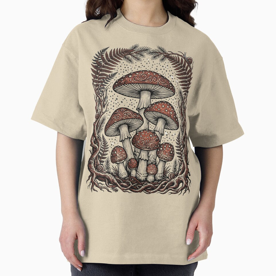 Vintage Mushroom Forest Linocut Botanical Art by singularitass