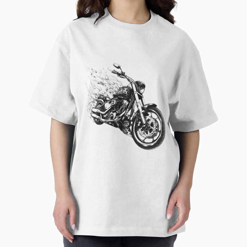 Flaming Chopper Motorcycle – Biker Hot Rod Flame Art (Black & White) by inkoutninja