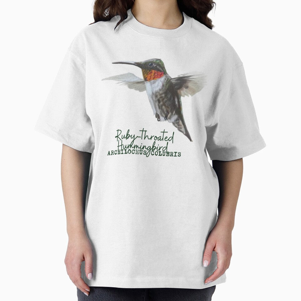 Ruby-Throated Hummingbird Drawing with Latin Name Label by Heather Barker
