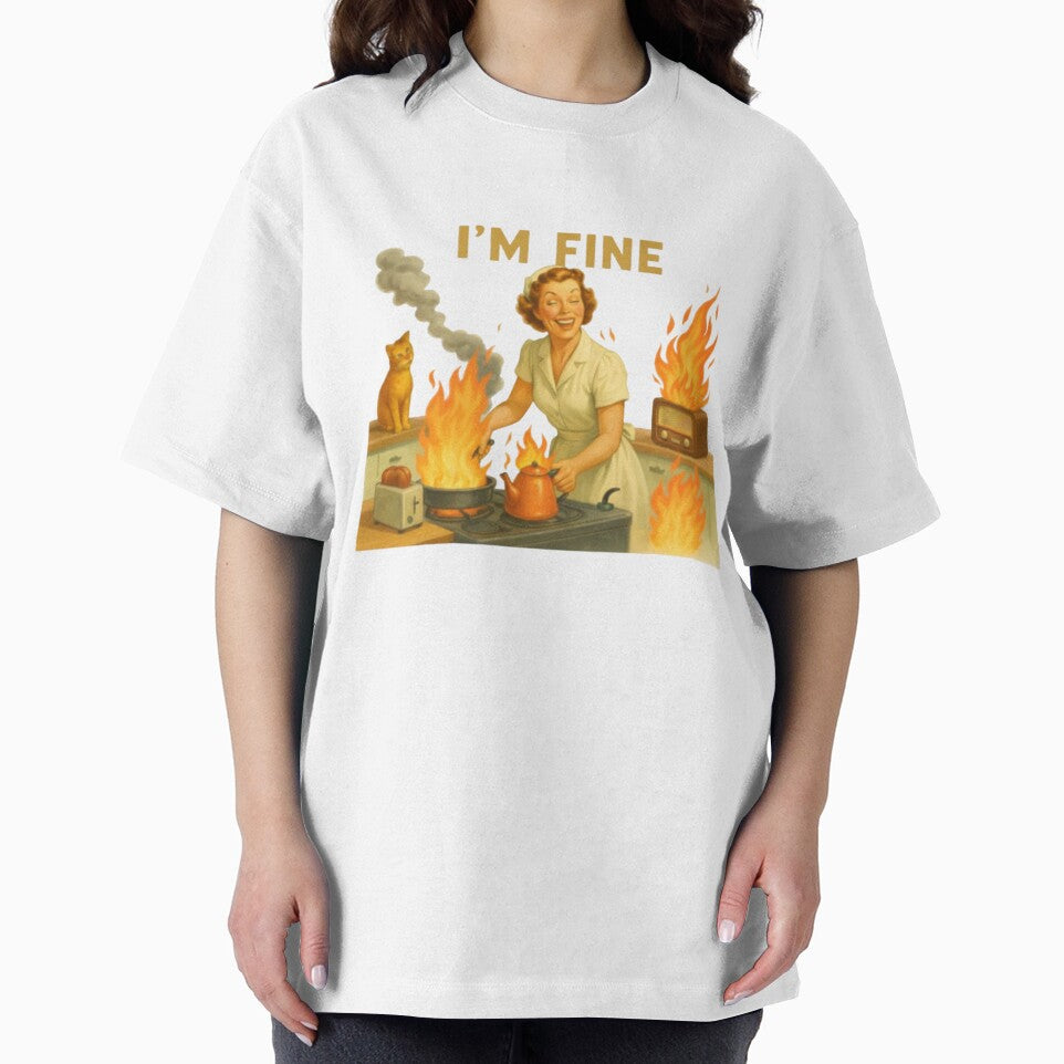 I'm Fine Retro Housewife Kitchen Fire Dark Humor Illustration Vintage Inspired Satirical Artwork by QuotinTs
