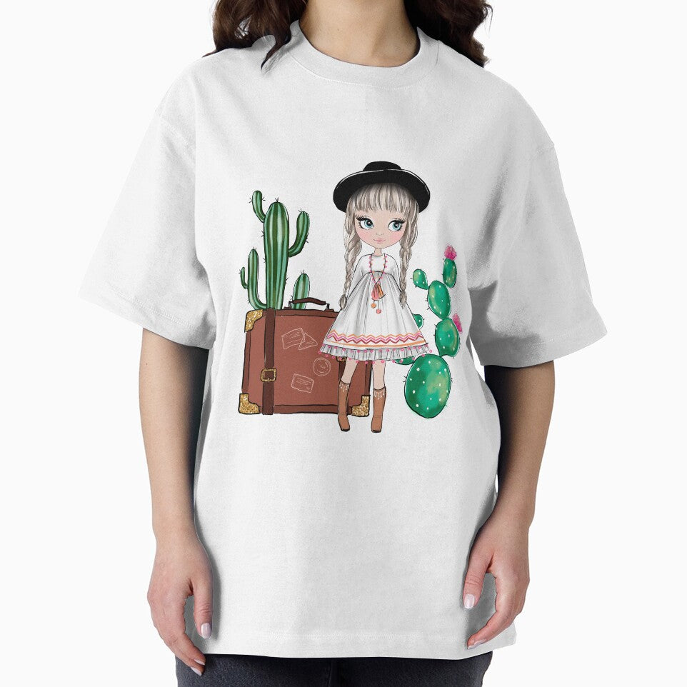 Boho style cute girl with cactus girly illustration 2 by Lalanacliparts