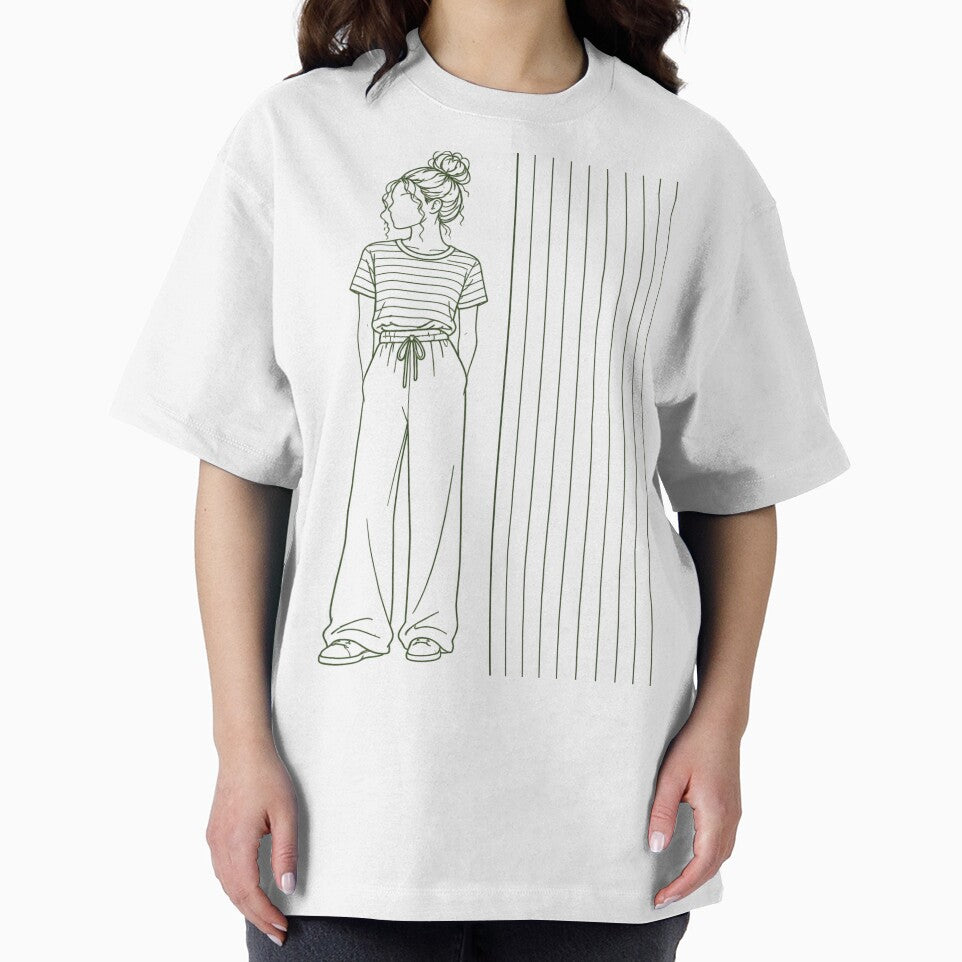 Minimalist Woman Line Art in Stripe Tee by SketchDreamer17