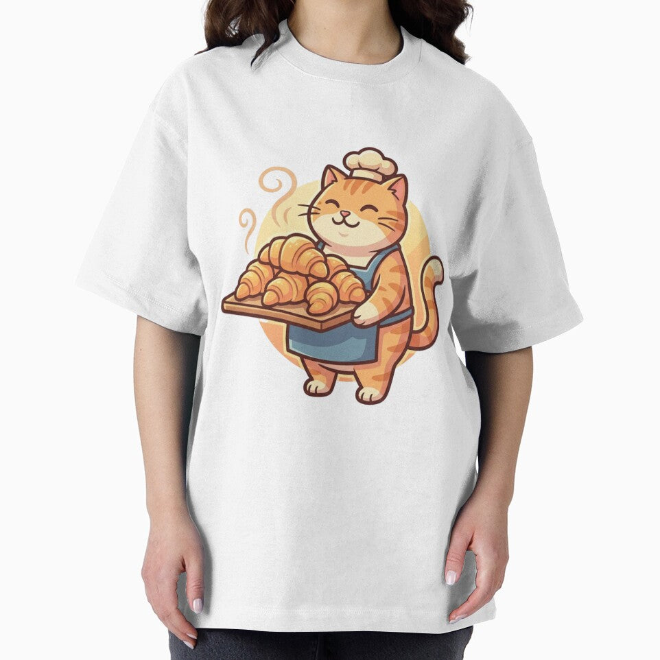 Cute Cat Baker with Croissants - Kawaii Pastry Chef Kitty Illustration by HappySproutArt