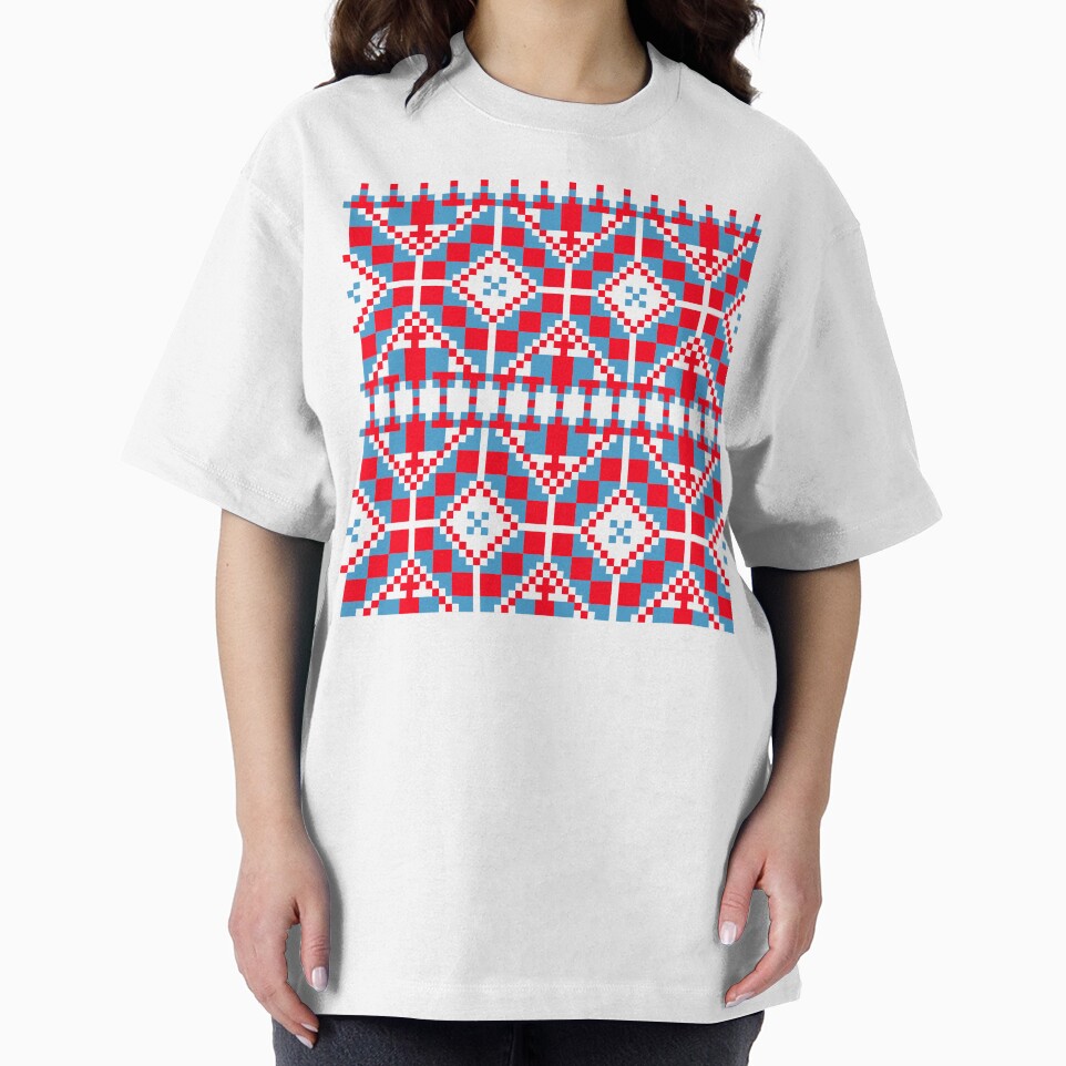 Red and Blue Pixel Folk Pattern - Retro Geometric Embroidery Aesthetic by KostekArtShop