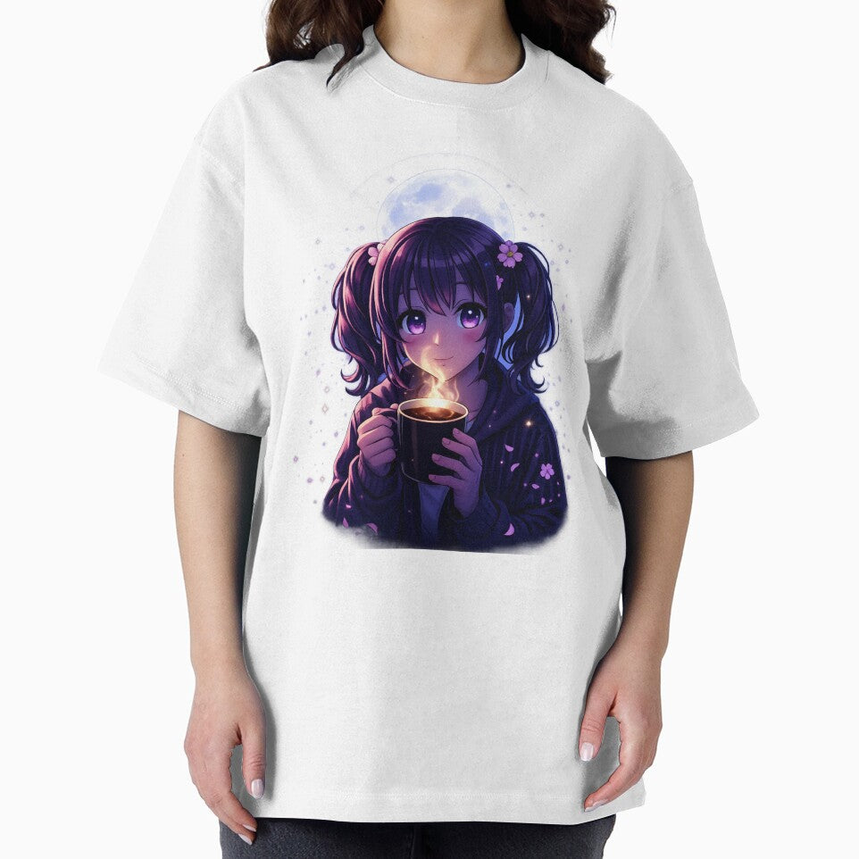 Cozy Night Anime Girl Coffee Moon Glow Aesthetic Design by WaveInkDesigns