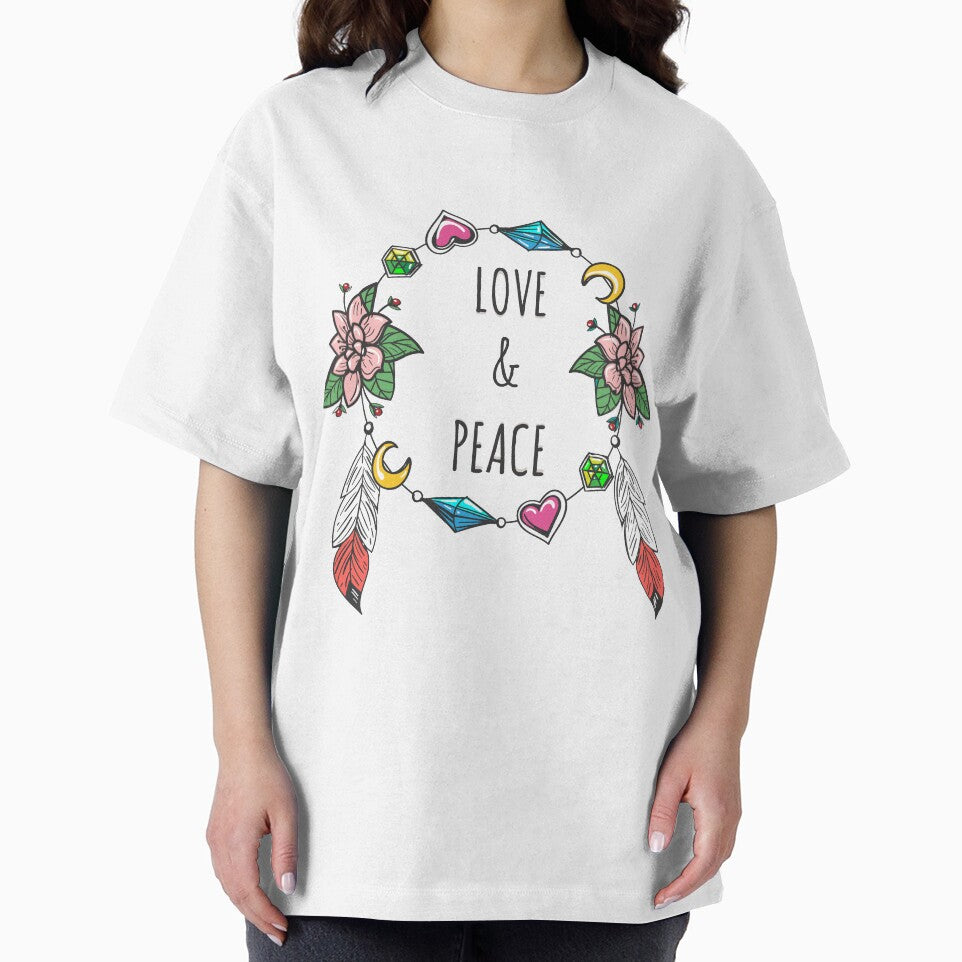 Love and peace Sign Boho Style with Pink Flowers and Moon by GypsyMagic