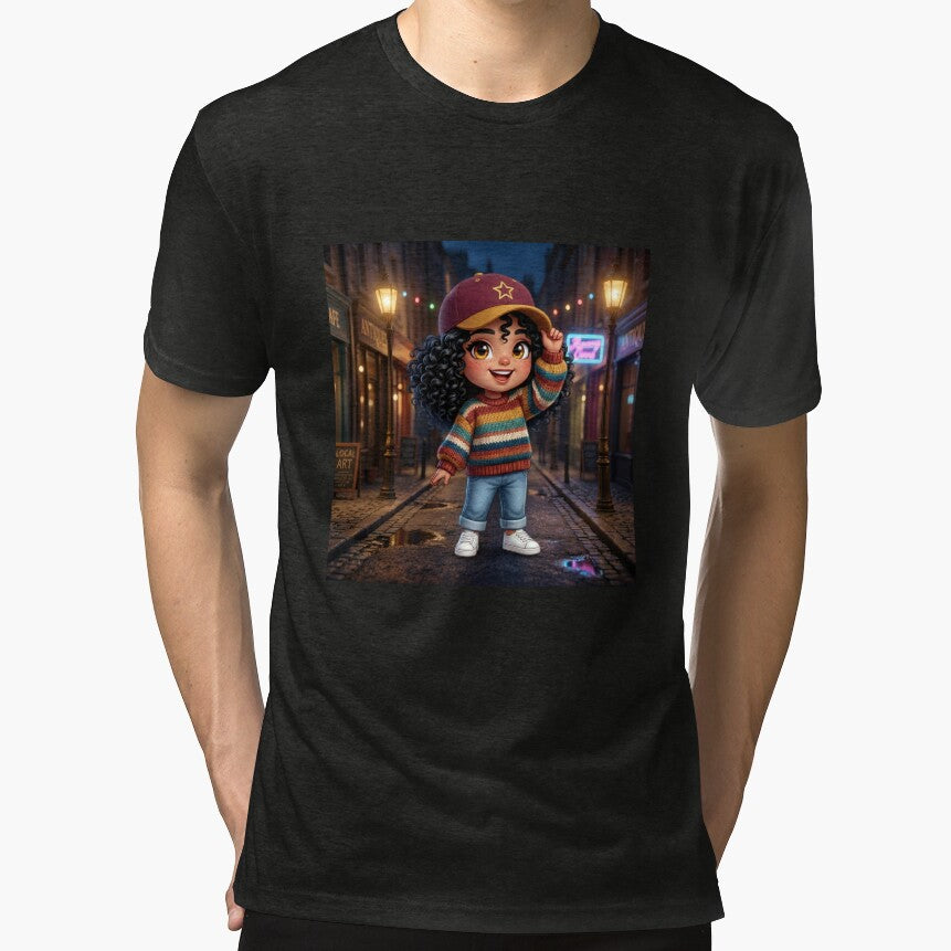Urban Night Stroll - Cute Chibi Girl with Curly Hair and Striped Sweater by Azurart2