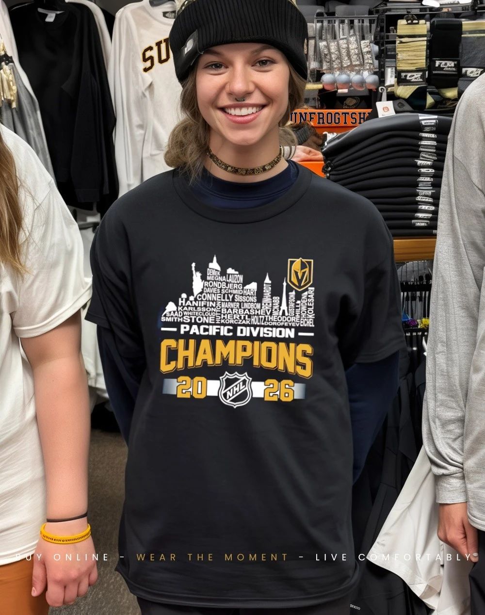 Vegas Golden Knights 2026 Pacific Division Champions player names city skyline shirt