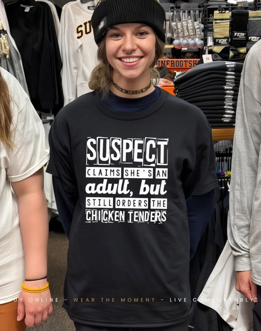 Suspect claims she’s an adult chicken shirt