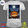 Giant Glowing Evil Pumpkin Halloween Scene with Graveyard, Flying Bats and Full Moon T-shirt