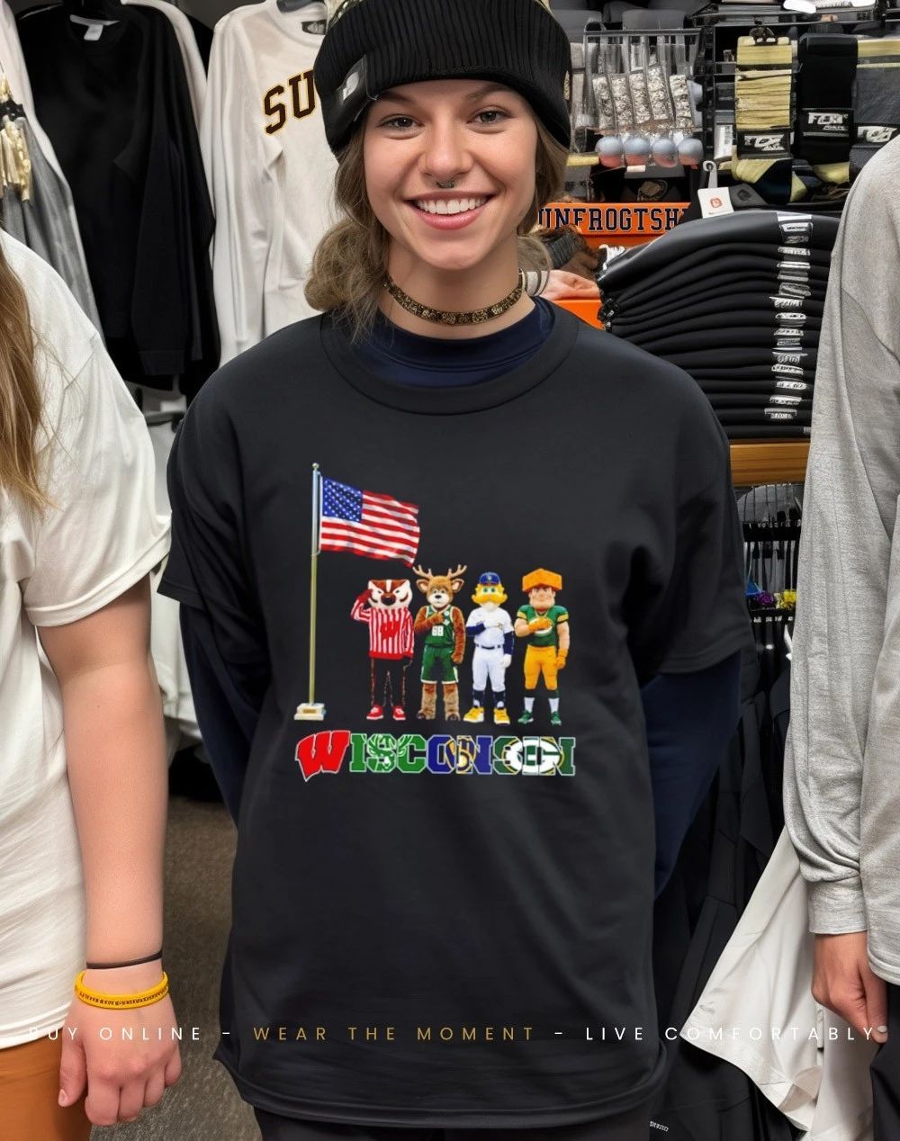 Wisconsin sports mascot salute the flag shirt