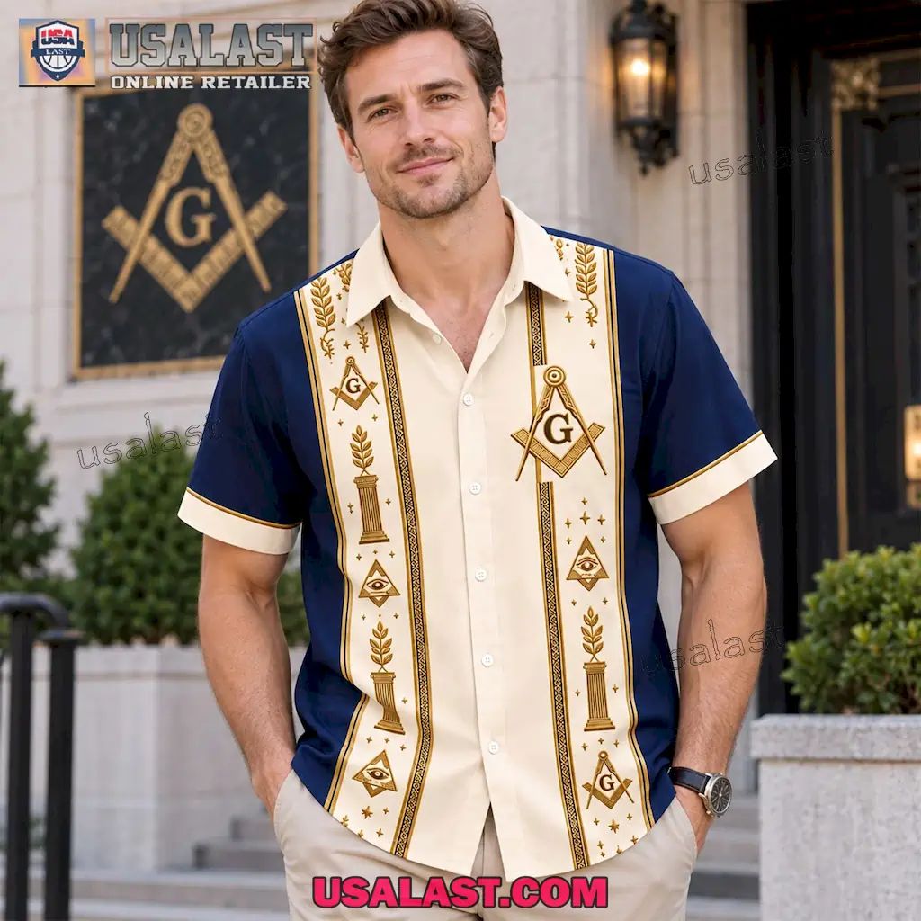 Freemasonry Masonic Vintage Striped Cream & Navy Premium Hawaiian Shirt