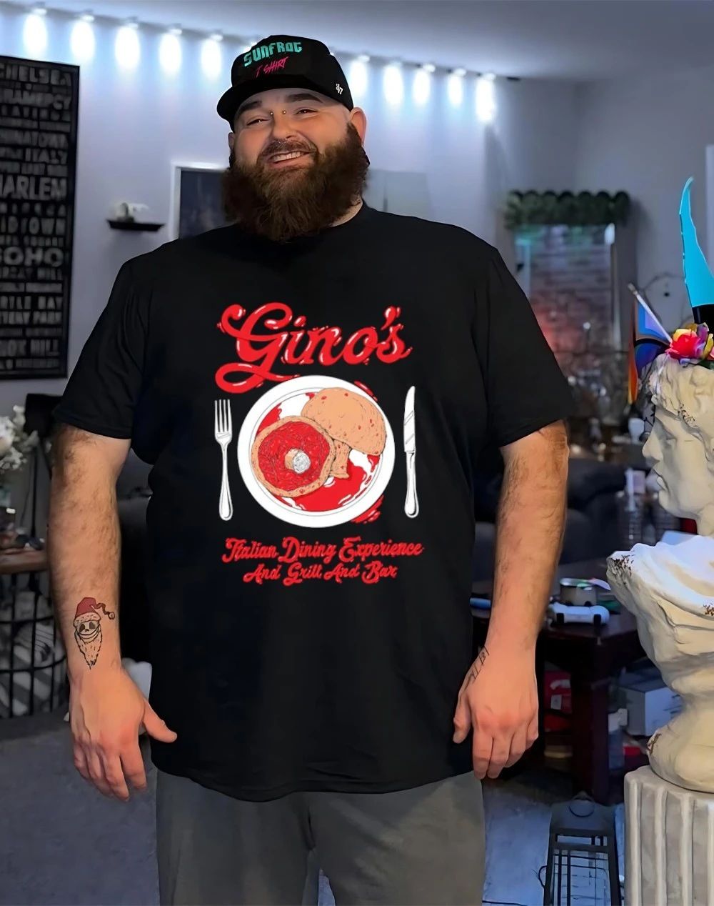 Gino’s Italian dining experience and girl and bar shirt