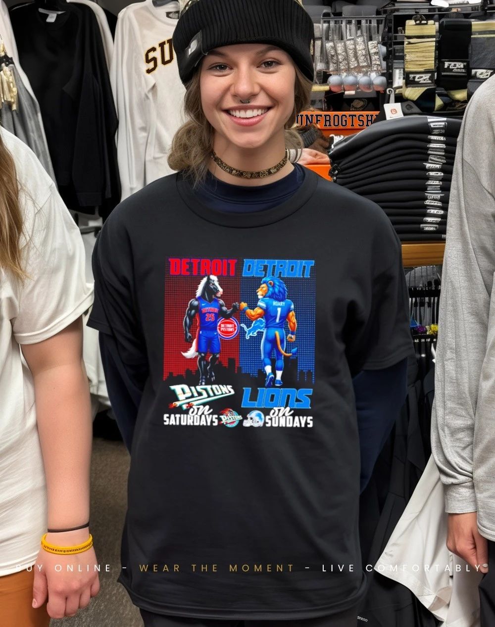 Detroit Pistons on saturdays vs Detroit Lions on sundays city skyline shirt