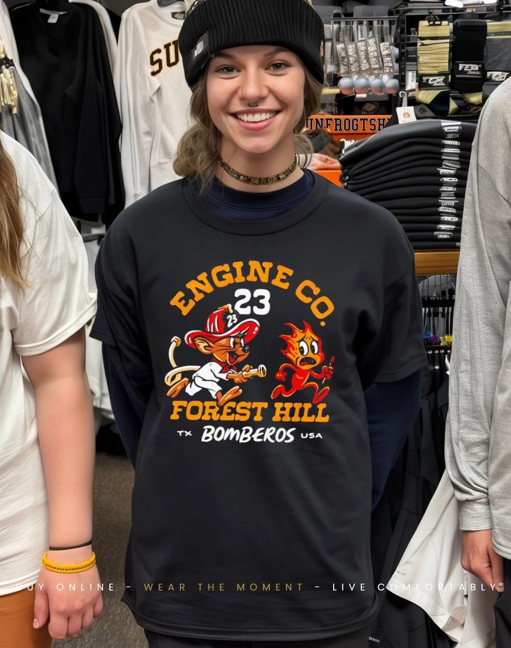 Mouse chasing fire Engine Co Forest Hill Bomberos shirt