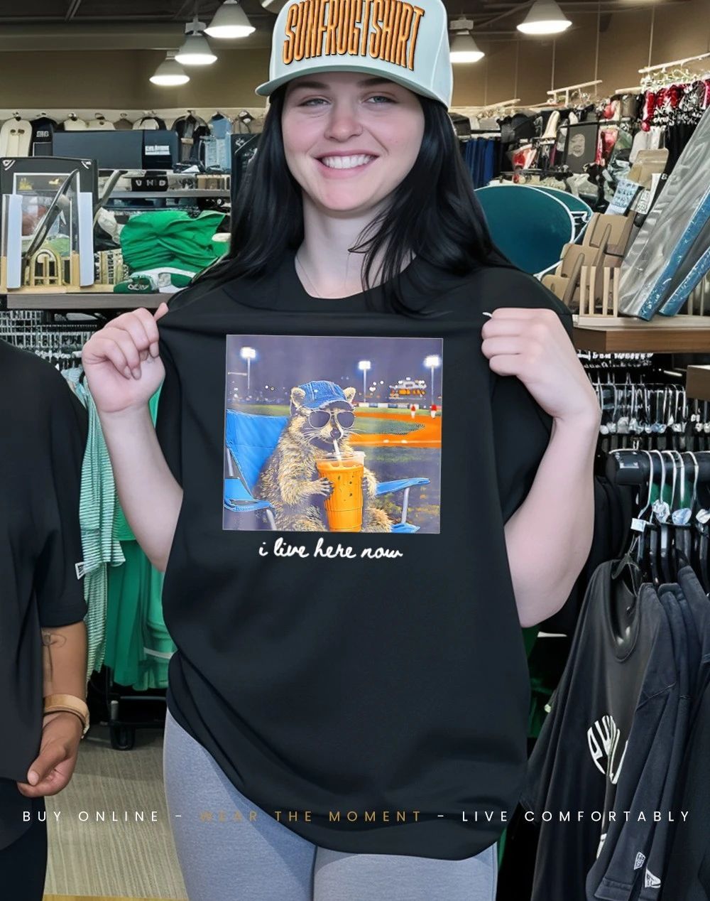 I Live Here Now Raccoon Baseball Mama shirt