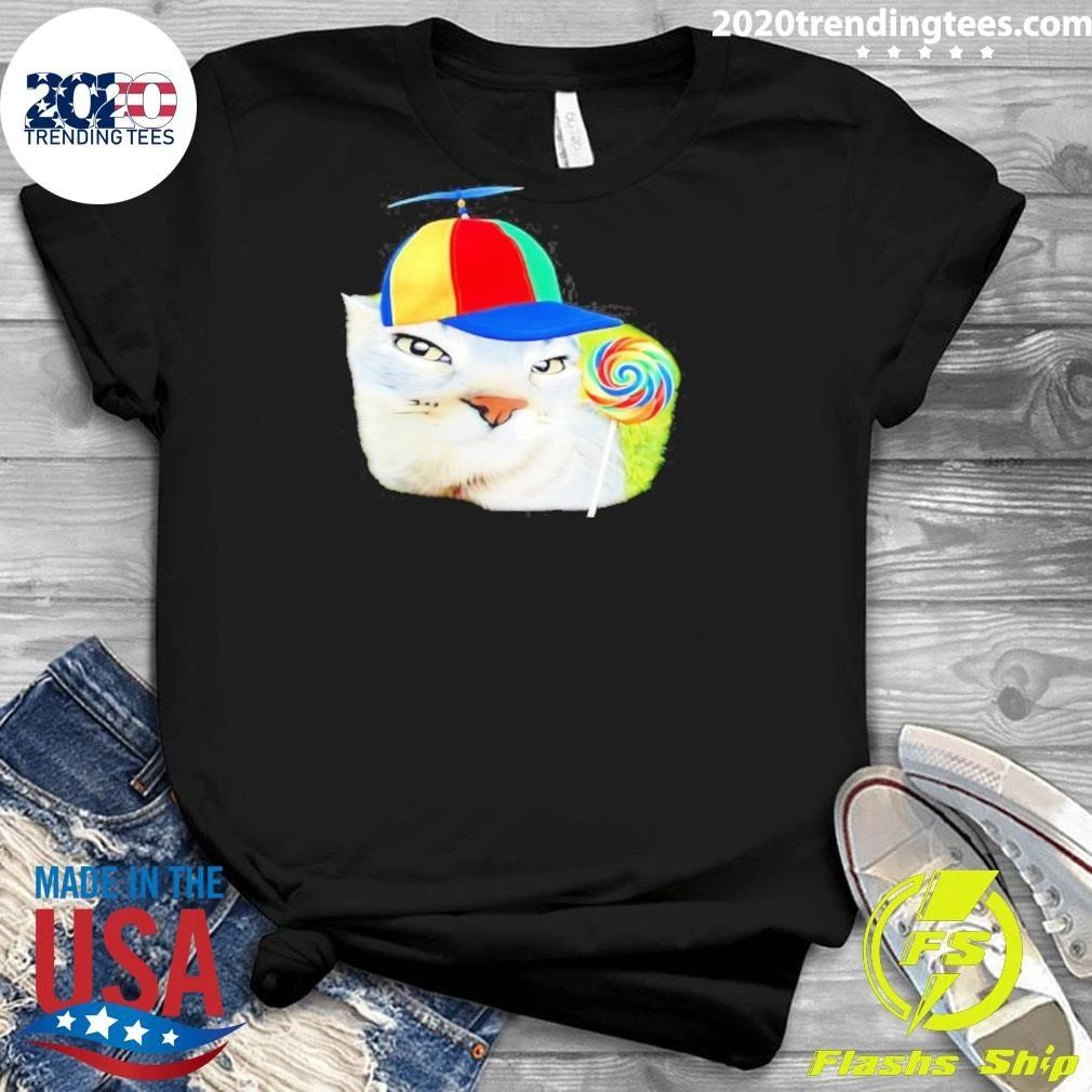 Cat Wearing Propeller Hat And Holding Lollipop Shirt