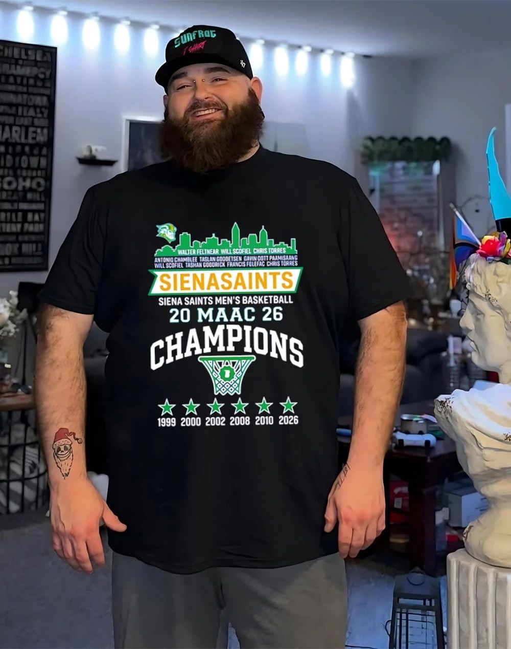 Skyline Siena Saints Men’s Basketball 2026 MAAC Champions city skyline shirt