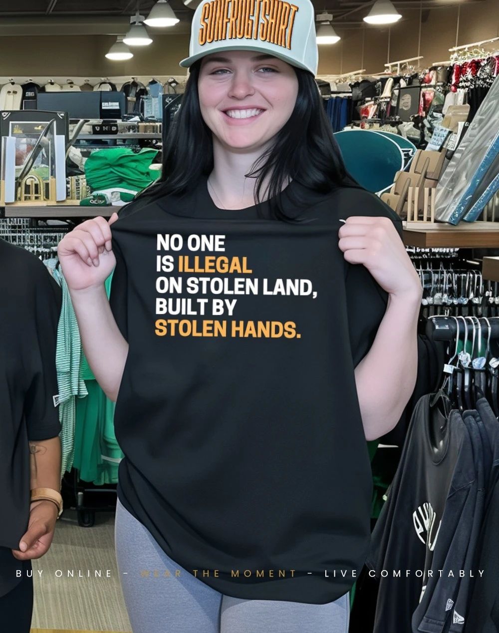 Black woman wearing no one is Illegal on stolen land built by stolen hands shirt