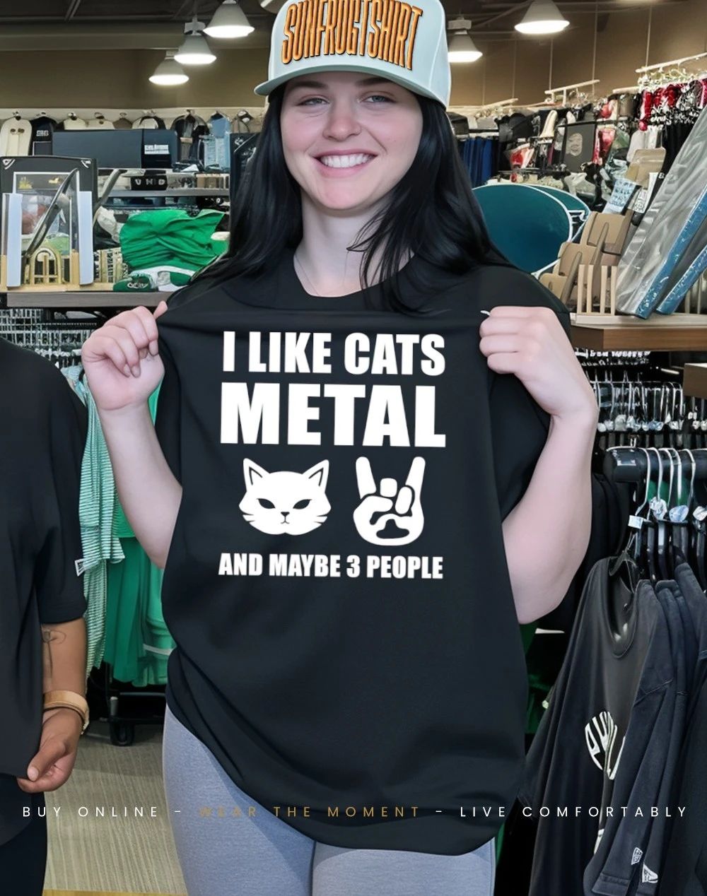 Rock hand sign I like Cats metal and maybe 3 people shirt