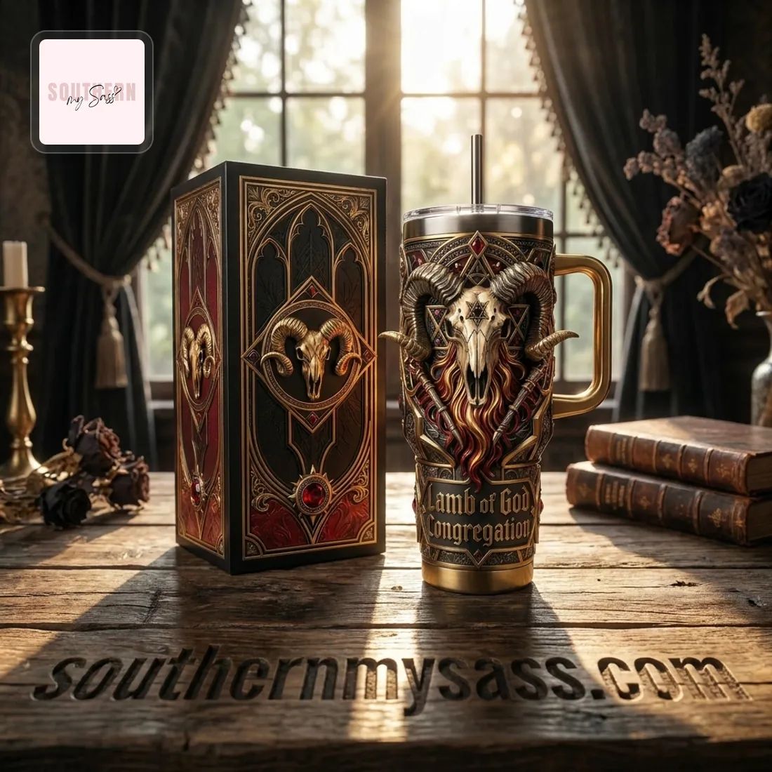 Lamb of God Congregation Gothic Ram Skull 40oz Insulated Tumbler With Handle