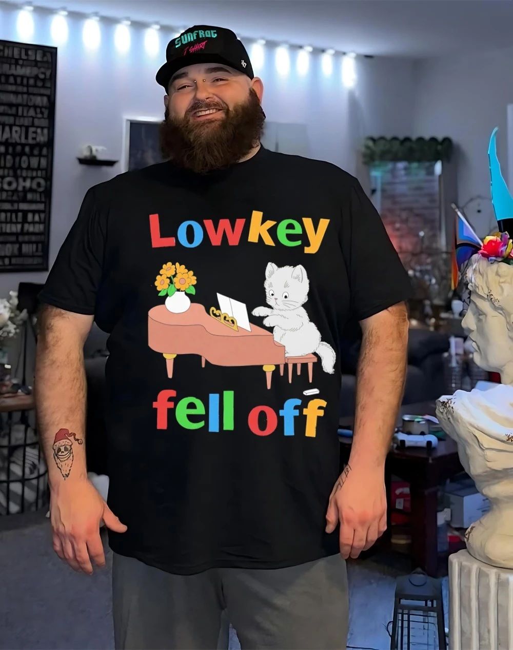 Kitten playing piano low key fell off shirt