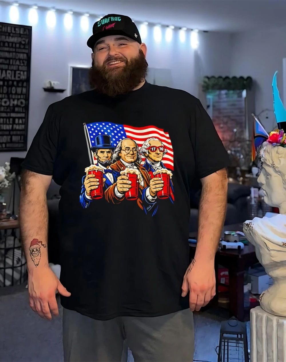 Abe Lincoln Ben Franklin George Washington Patriotic Drinking Beer Graphic shirt