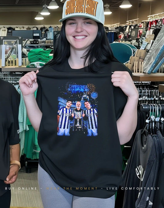 Real Sociedad 2026 Champions Campeones De La Copa Del Rey trophy shirt