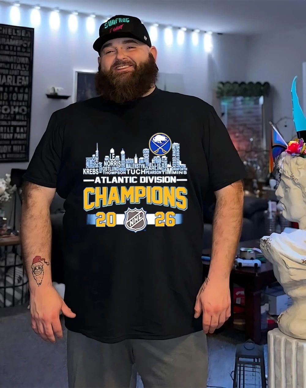 Buffalo Sabres 2026 Atlantic Division Champions player names city skyline shirt