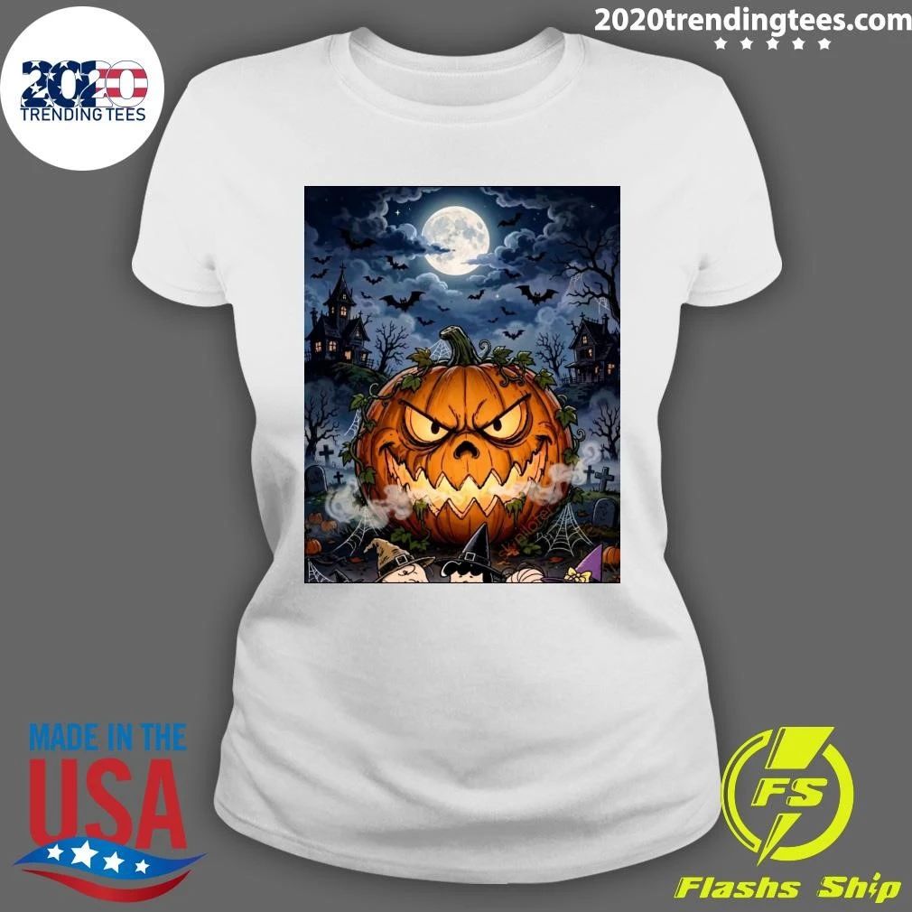 Giant Glowing Evil Pumpkin Halloween Scene with Graveyard, Flying Bats and Full Moon T-shirt