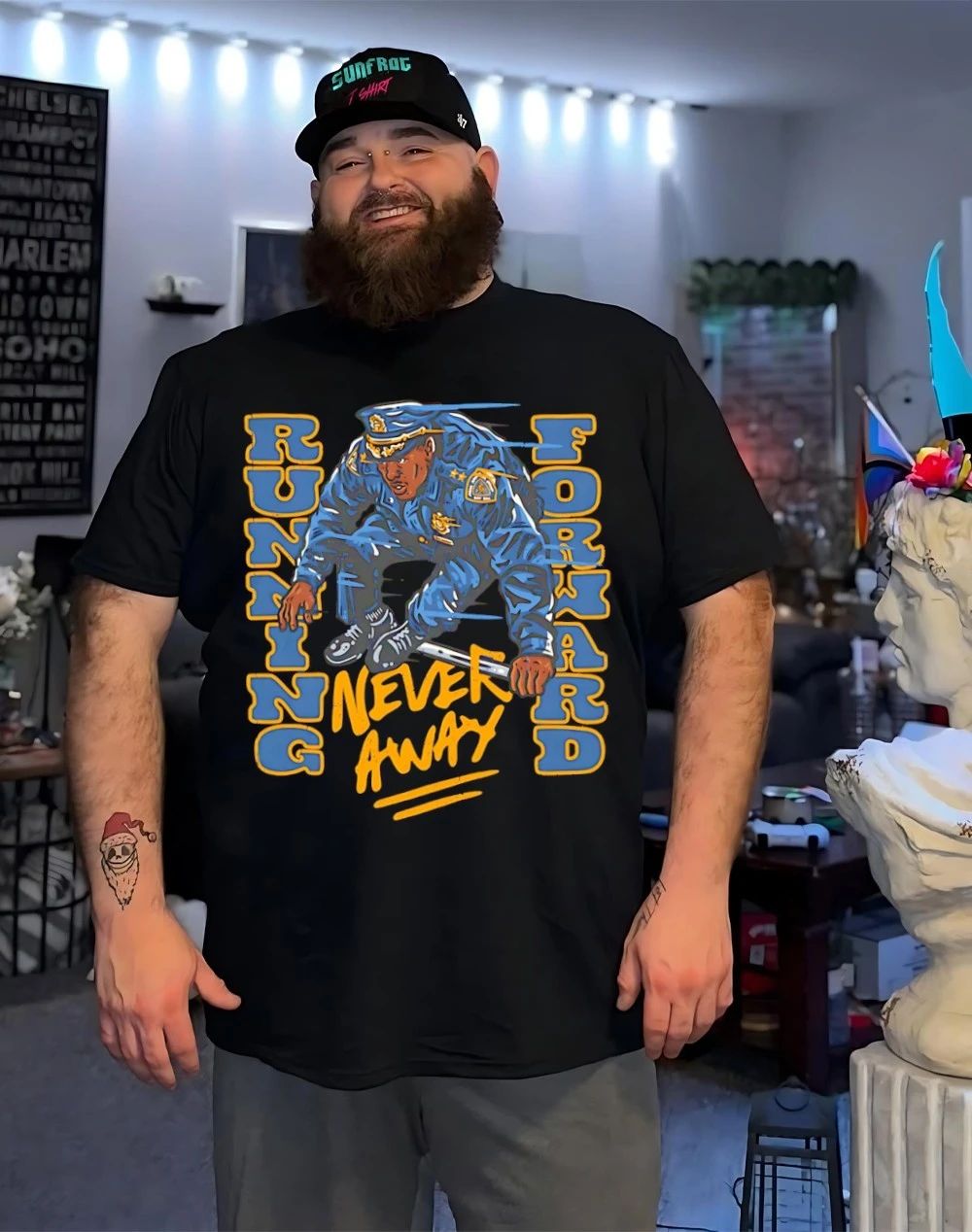 Police officer running forward never away graphic shirt