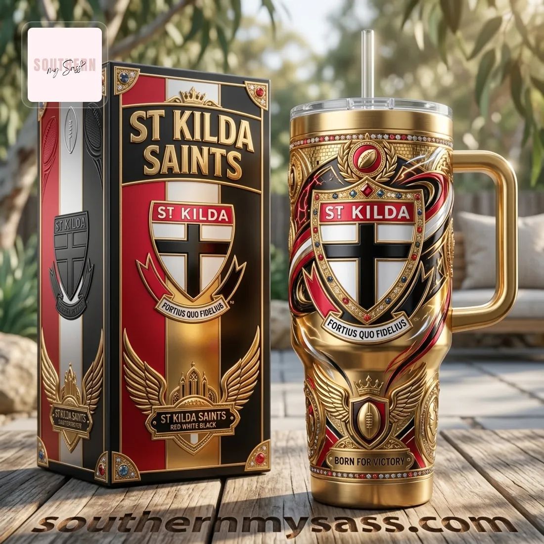 St Kilda Saints Luxury Gold 40oz Insulated Tumbler With Handle