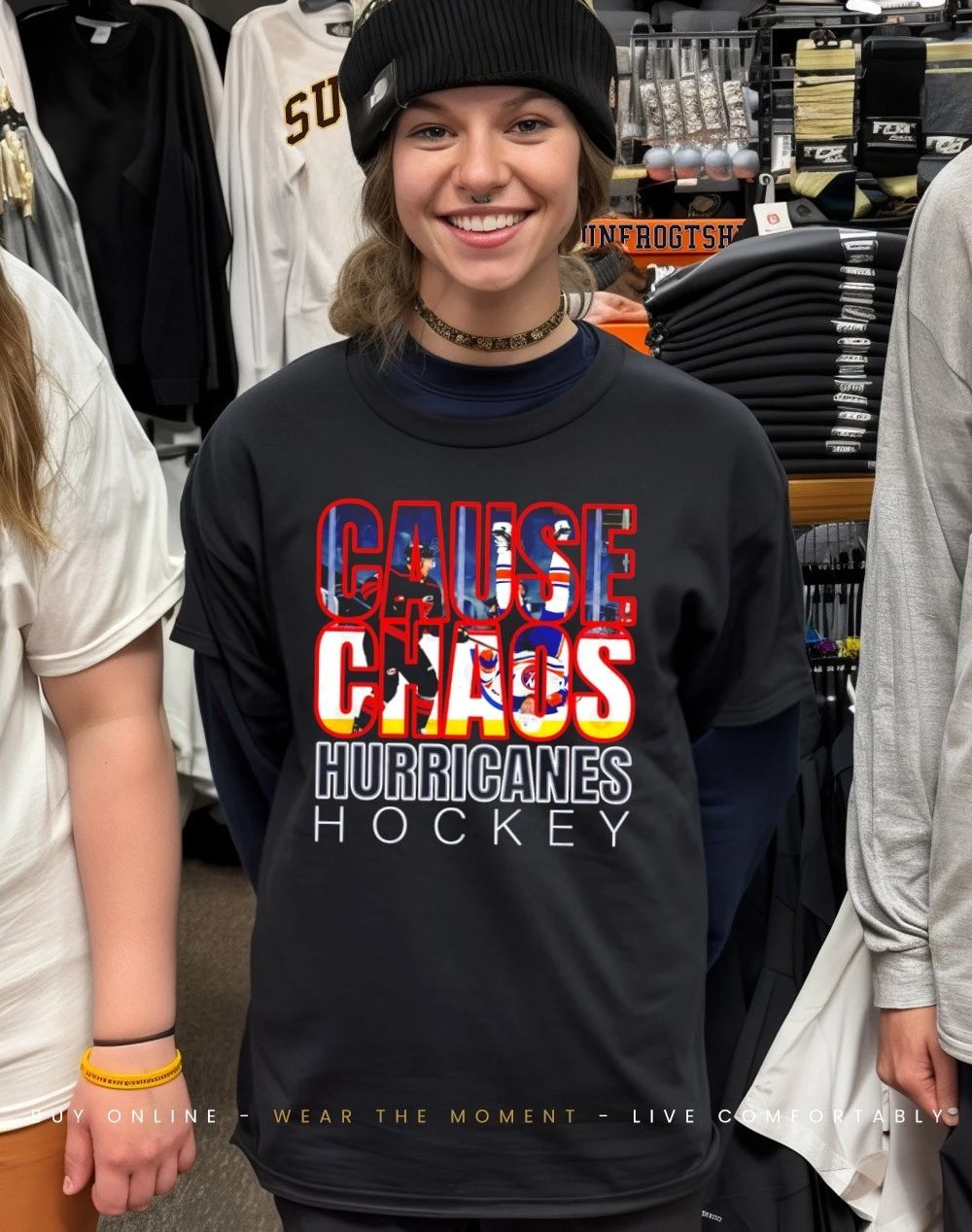 Cause Chaos Hurricanes Hockey text graphic shirt