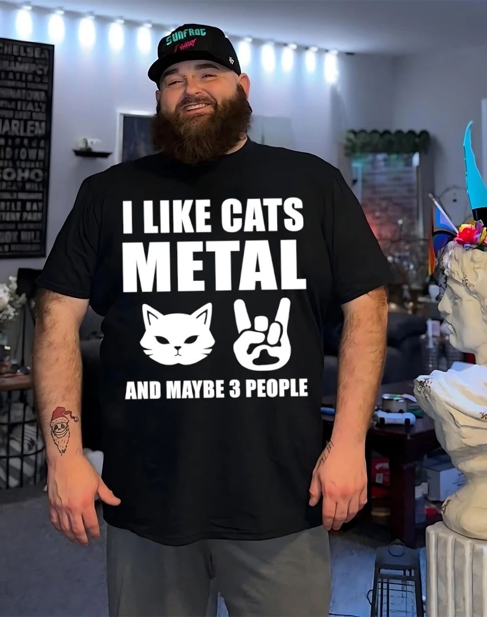 Rock hand sign I like Cats metal and maybe 3 people shirt