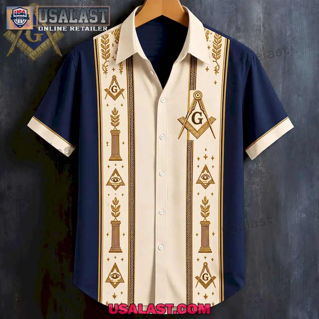 Freemasonry Masonic Vintage Striped Cream & Navy Premium Hawaiian Shirt