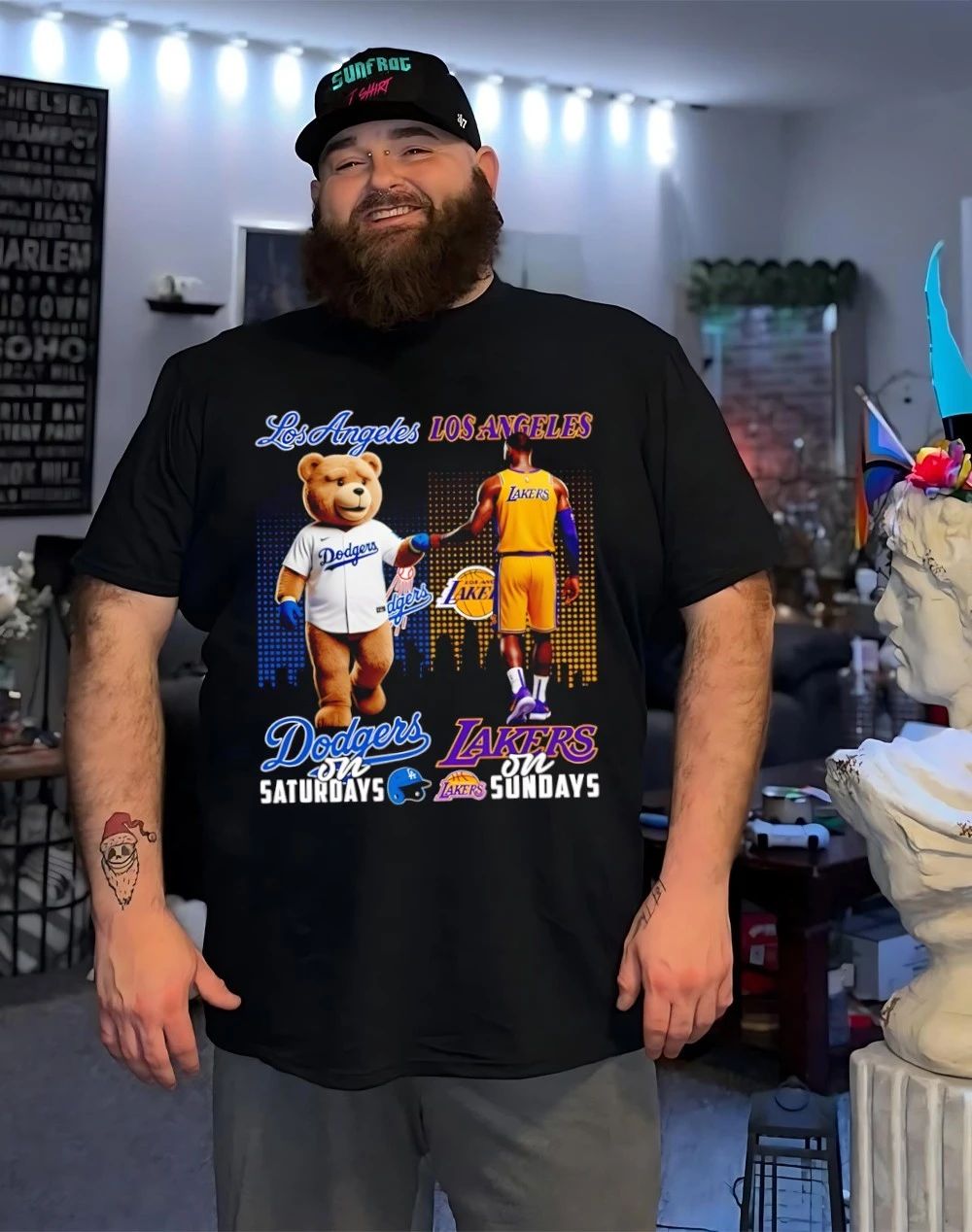 Los Angeles Dodgers on Saturdays vs Los Angeles Lakers on Sundays mascot city skyline shirt
