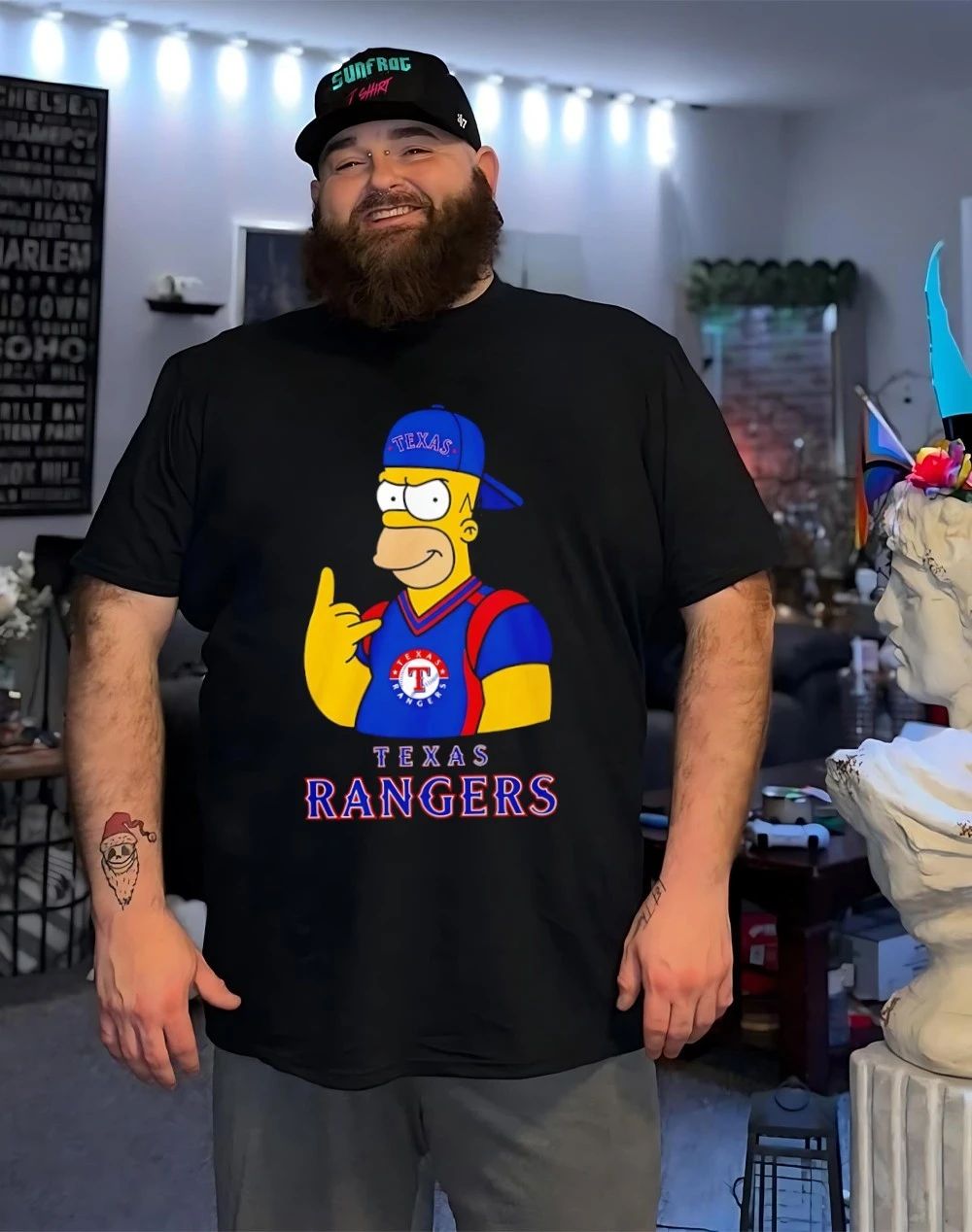 The Simpsons x Texas Rangers player rock hand shirt