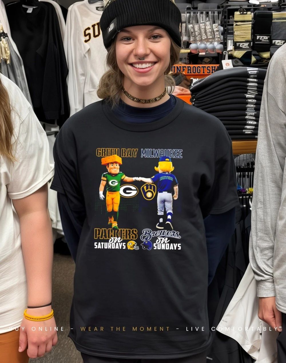 Green Bay Packers on Saturdays vs Milwaukee Brewers on Sundays mascot city skyline shirt