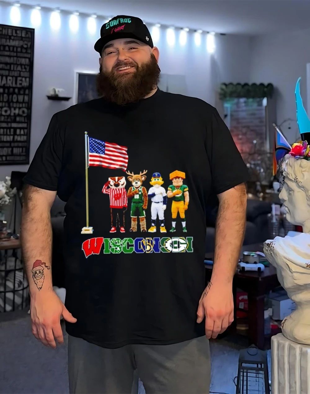 Wisconsin sports mascot salute the flag shirt