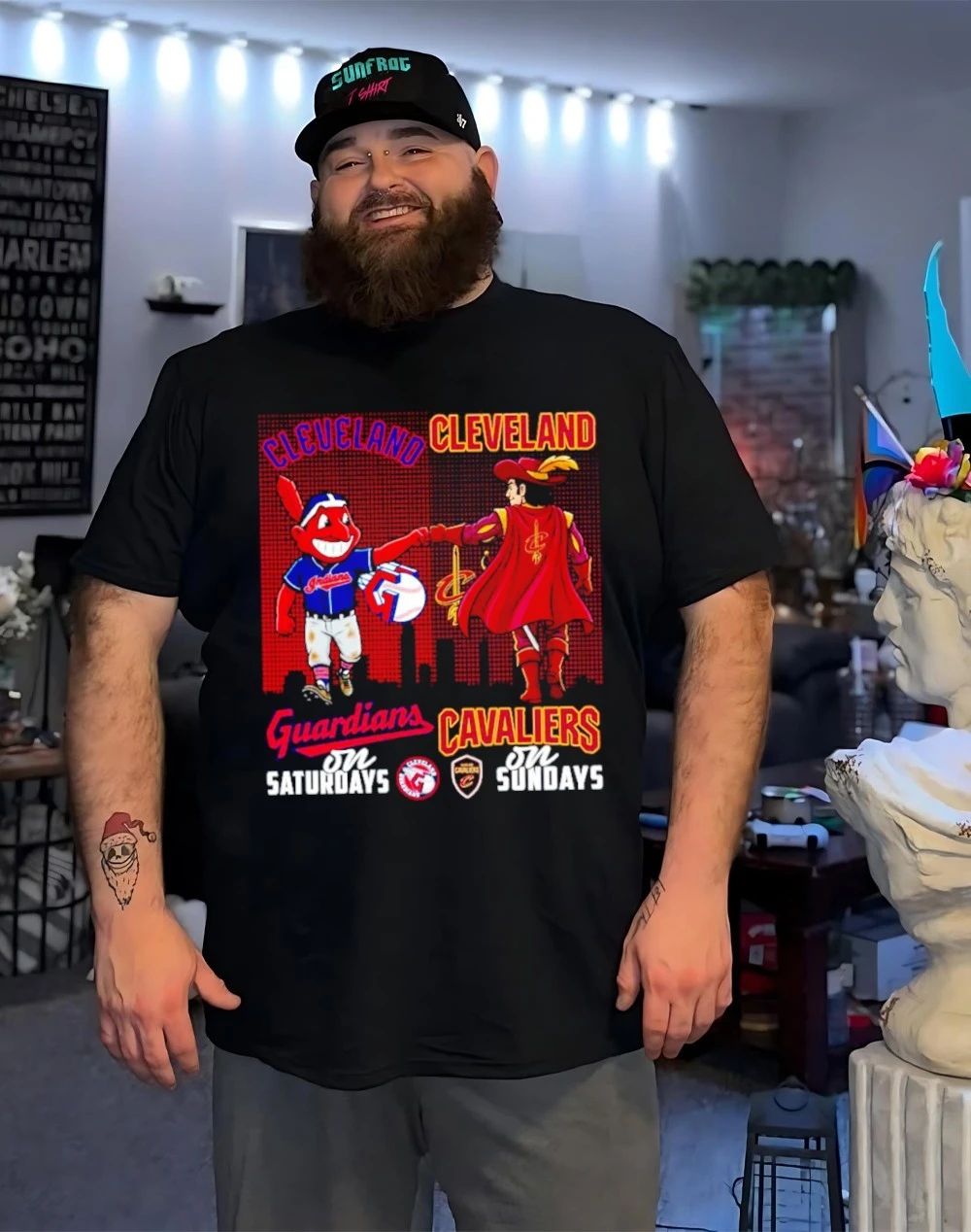 Cleveland Guardians on saturdays vs Cleveland Cavaliers on sundays city skyline shirt